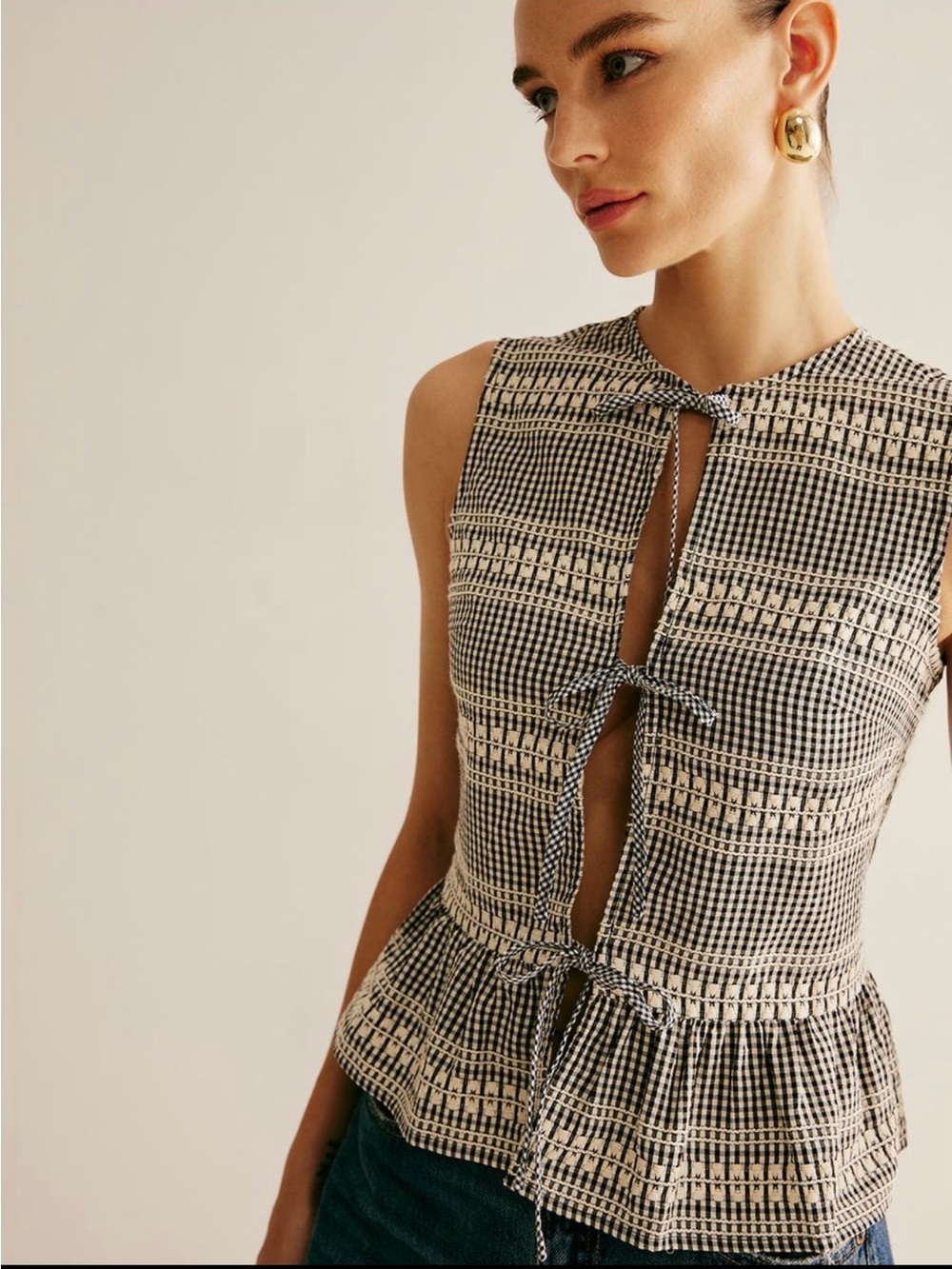 Plaid tied front ruffle tank top